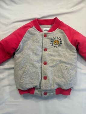 Moschino Kids Gray and Pink Bear Logo Snap-Up Jacket